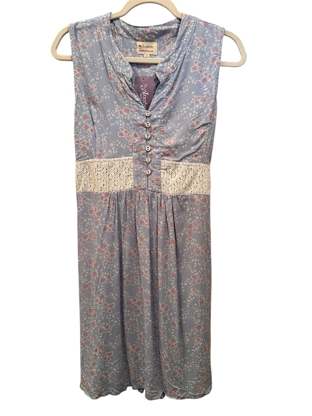 NWT Dusty Blue Floral Midi Dress Ivory Crochet Waist Cottagecore Sz M